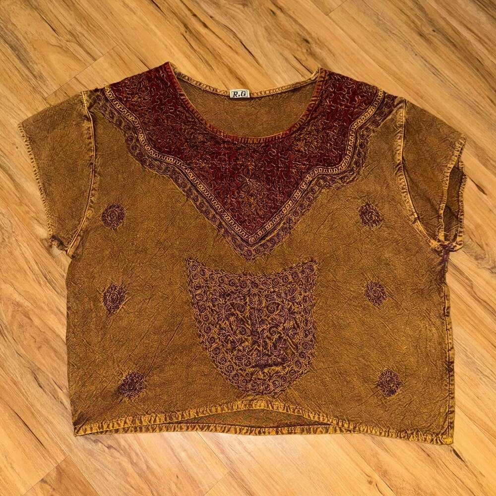 Vintage R.G. Brown Embroidered Beaded Boho Crop Top Free Size Made in India